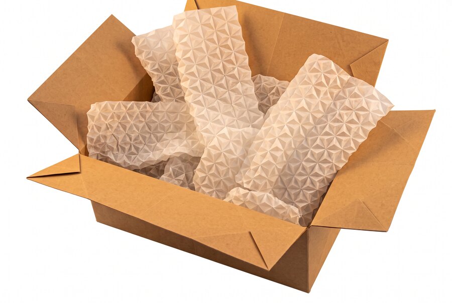 A folded-paper rendering of bubble wrap loosely filling an open moving carton.